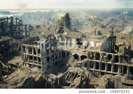 Empty ruins of city destroyed by war or natural disaster. Consequences of carpet bombing Empty ruins of city destroyed by war or natural disaster. Consequences of carpet bombing 109978241