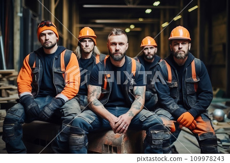 Portrait of brutal miners in safety helmets in mine Portrait of brutal miners in safety helmets in mine 109978243