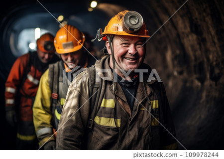Brutal miners in safety helmets in a mine extract minerals coal Brutal miners in safety helmets in a mine extract minerals coal 109978244