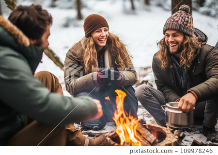 Happy friends having fun and relaxing around fire. Winter party outside 109978246