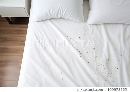 Bedbug colony on white sheet on bed in the bedroom, top view 109978265