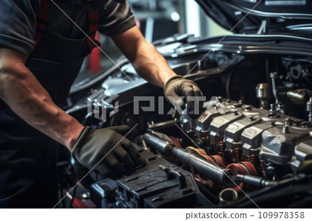 Auto mechanic maintenance car in garage 109978358