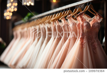 Wedding dresses on hangers in shop. Generative AI 109978364