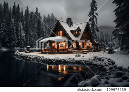 Wooden cottage with light in windows in mountains 109978389