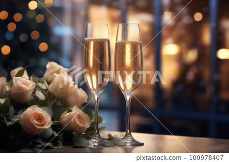 Two wine glasses and flowers bouquet. Generative AI 109978407