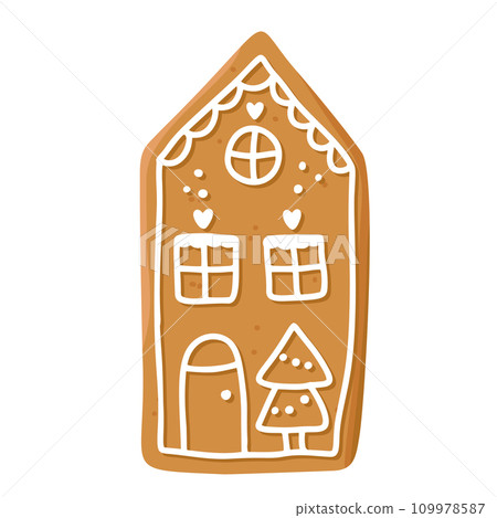 Christmas gingerbread cookie in shape of house with icing isolated on white background. Festive homemade sweet desert. Vector illustration 109978587