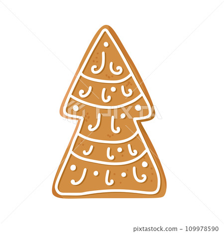 Christmas gingerbread cookie in shape of fir tree with icing isolated on white background. Festive homemade sweet desert. Vector illustration Christmas gingerbread cookie in shape of fir tree with icing isolated on white background. Festive homemade sweet desert. Vector illustration 109978590
