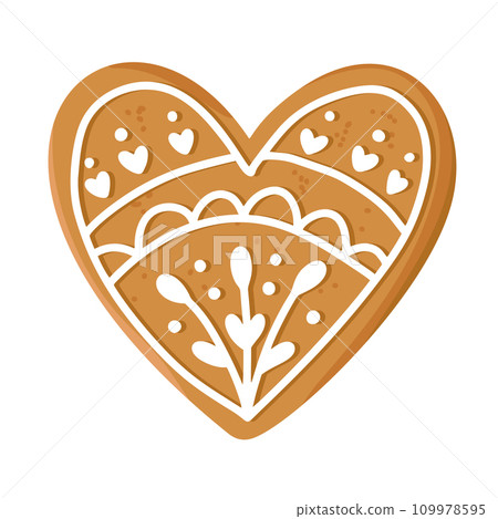 Realistic christmas gingerbread cookie in form of heart, romantic love concept, happy valentine day, vintage hand drawn winter line decor, vector illustration 109978595