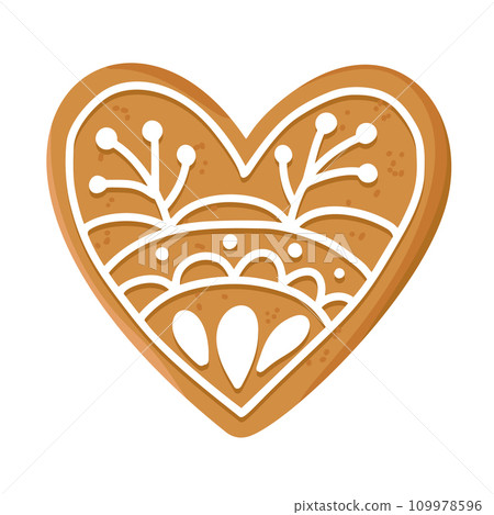 Realistic christmas gingerbread cookie in form of heart, romantic love concept, happy valentine day, vintage hand drawn winter line decor, vector illustration Realistic christmas gingerbread cookie in form of heart, romantic love concept, happy valentine day, vintage hand drawn winter line decor, vector illustration 109978596