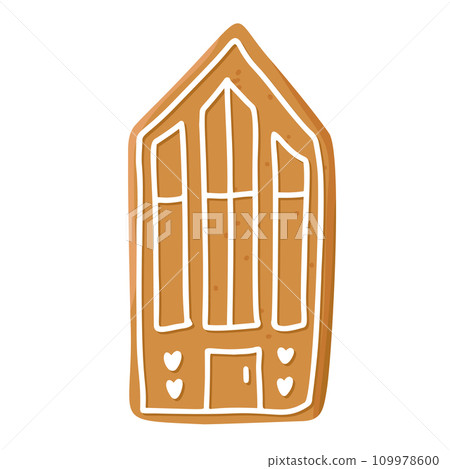 Christmas gingerbread cookie in shape of house with icing isolated on white background. Festive homemade sweet desert. Vector winter illustration 109978600