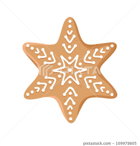 Christmas gingerbread cookie in the shape of a star with icing isolated on white background. Festive homemade sweet desert. Vector illustration 109978605