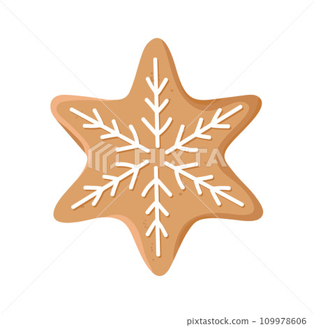 Christmas gingerbread cookie in the shape of a star with icing isolated on white background. Festive homemade sweet desert. Vector illustration Christmas gingerbread cookie in the shape of a star with icing isolated on white background. Festive homemade sweet desert. Vector illustration 109978606