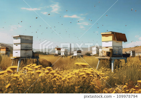 Bee apiary in open space. Generative AI-插圖素材 [109978794] - PIXTA圖庫