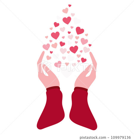 Cartoon hands and flying out hearts. Social media Concept. Vector illustration health, insurance, solidarity. Hands give donate, help, gift. Template for Poster, Valentine day card, Romantic, Empathy. 109979136