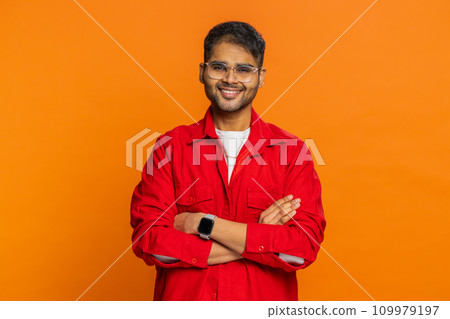 Happy lovely smiling young man looking at camera dreaming, resting, good news, feel satisfied 109979197