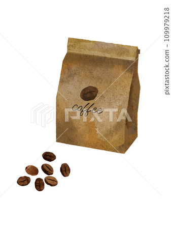 Illustration of roasted coffee beans and craft bag in watercolor style 109979218