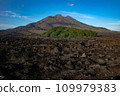 Landscape view of solidified black volcanic lava flows around the slopes of an active volcano Batur, Bali island. 109979383