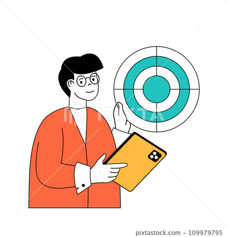 Marketing and development concept with cartoon people in flat design for web. Man researching market, targeting for product release. Vector illustration for social media banner, marketing material. 109979795