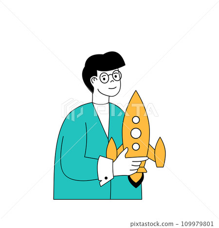 Marketing and development concept with cartoon people in flat design for web. Man making promotion for startup rocket launching. Vector illustration for social media banner, marketing material. 109979801