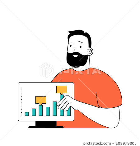 Marketing and development concept with cartoon people in flat design for web. Man making data analytics and market research on chart. Vector illustration for social media banner, marketing material. Marketing and development concept with cartoon people in flat design for web. Man making data analytics and market research on chart. Vector illustration for social media banner, marketing material. 109979803