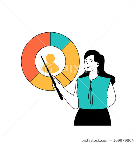 Marketing and development concept with cartoon people in flat design for web. Woman making product targeting and market research. Vector illustration for social media banner, marketing material. 109979804