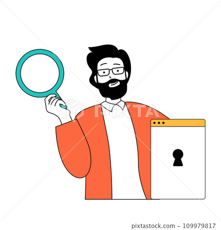 Marketing and development concept with cartoon people in flat design for web. Man making market research and online analytics report. Vector illustration for social media banner, marketing material. 109979817