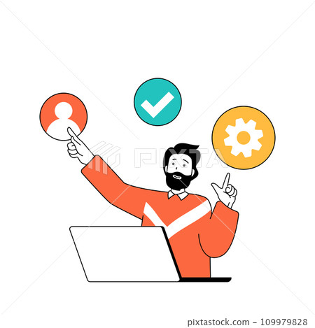 Marketing and development concept with cartoon people in flat design for web. Man attracting clients, promoting and presenting brand. Vector illustration for social media banner, marketing material. 109979828