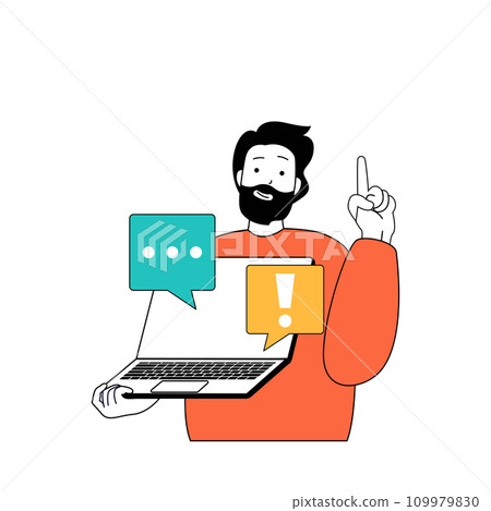 Marketing and development concept with cartoon people in flat design for web. Man chatting with clients, answering and consulting. Vector illustration for social media banner, marketing material. 109979830
