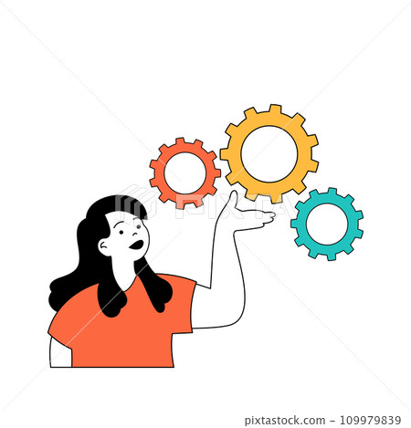 Marketing and development concept with cartoon people in flat design for web. Woman makes gear optimization and improving processes. Vector illustration for social media banner, marketing material. Marketing and development concept with cartoon people in flat design for web. Woman makes gear optimization and improving processes. Vector illustration for social media banner, marketing material. 109979839