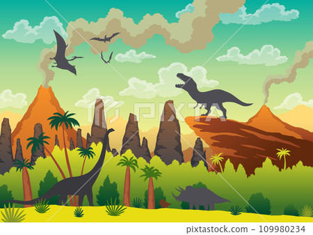 Prehistoric landscape - volcano with smoke, mountains, dinosaurs and green vegetation. Vector illustration of beautiful prehistoric landscape and dinosaurs 109980234