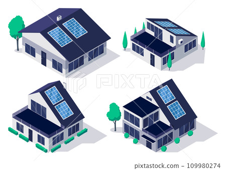 Classic and modern family house residential apartment buildings with roof solar panels. Real estate home property. Contemporary standard suburban urban village style 109980274