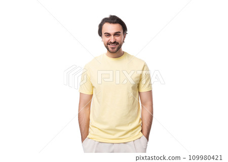 portrait of a handsome young caucasian man with black hair, beard and mustache dressed in a t-shirt portrait of a handsome young caucasian man with black hair, beard and mustache dressed in a t-shirt 109980421