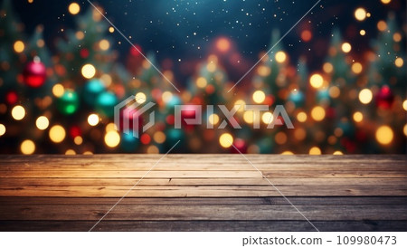 AI-generated content. Empty table in front of christmas tree with decorations background. For product display montage 109980473