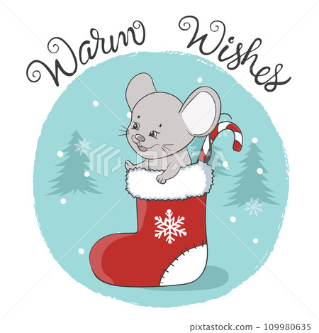 Winter holiday card design. Cute little mouse in a Christmas stocking 109980635