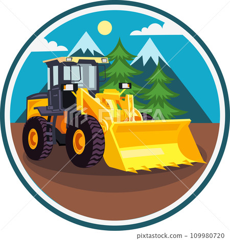 Yellow wheeled building bulldozer vector image in circle with mountain landscape on background during land works. Yellow wheeled building bulldozer vector image in circle with mountain landscape on background during land works. 109980720