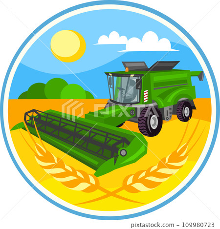 Green agricultural combine harvester machine vector image in circle with wheat field and blue sky background during harvesting works. 109980723