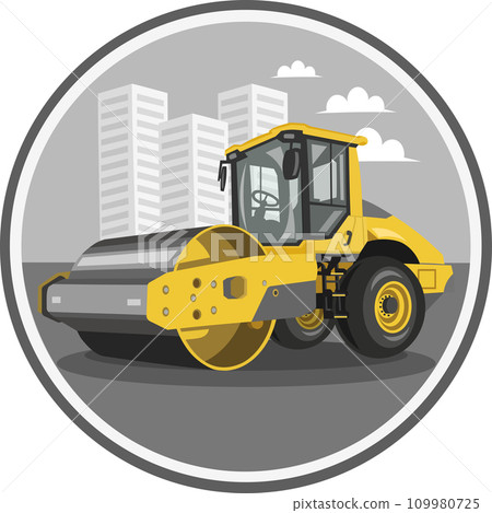 Yellow asphalt roller, steamroller, road roller vector image in circle with urban landscape on background during road works. 109980725