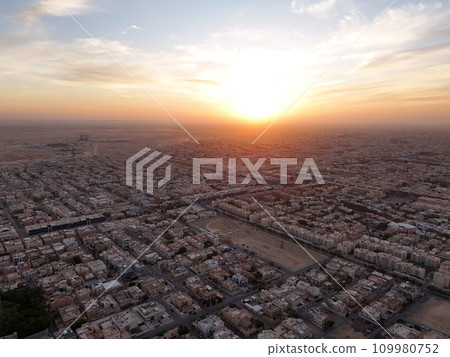 Drone shot flying. Saudi Arabia. Riyadh. Sunrise. Drone shot flying. Saudi Arabia. Riyadh. Sunrise. 109980752
