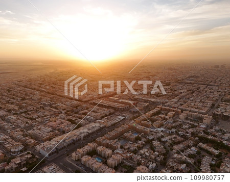 Drone shot flying. Saudi Arabia. Riyadh. Sunrise. Drone shot flying. Saudi Arabia. Riyadh. Sunrise. 109980757
