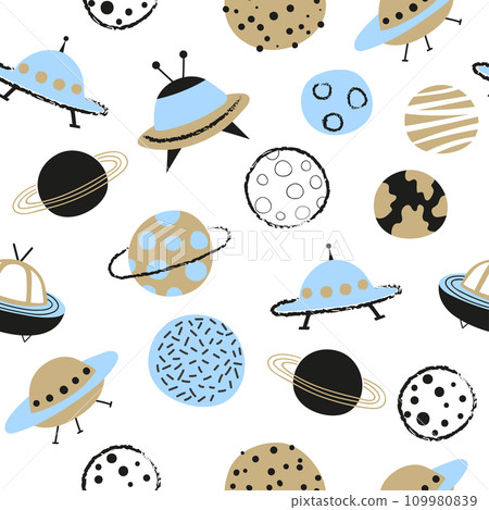 Seamless space pattern for kids with cartoon planets and UFO Seamless space pattern for kids with cartoon planets and UFO 109980839