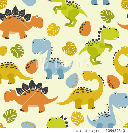 Seamless cute cartoon dinosaurs pattern. Vector colorful dino background for kids 109980840