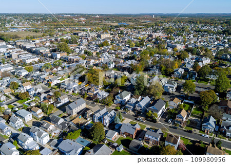 View of small American town from height in New Jersey View of small American town from height in New Jersey 109980956
