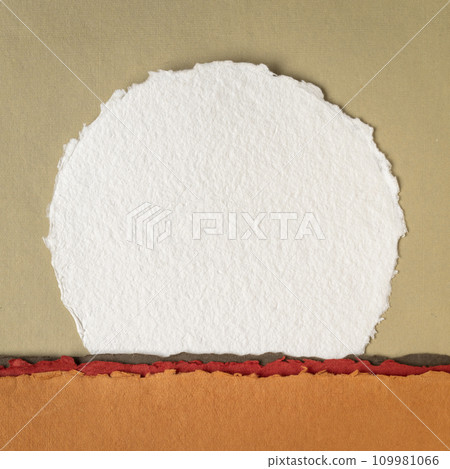moon or sun rising over abstract colorful landscape, blank circular watercolor paper moon or sun rising over abstract colorful landscape, blank circular watercolor paper 109981066