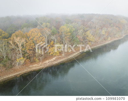 foggy morning over forest and the Tennessee River near Colbert Ferry Park, Natchez Trace Parkway - late November aerial view foggy morning over forest and the Tennessee River near Colbert Ferry Park, Natchez Trace Parkway - late November aerial view 109981070
