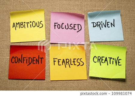inspirational power words - optimistic, confident, hopeful, positive, grateful, resilient - set of sticky reminder notes against burlap canvas inspirational power words - optimistic, confident, hopeful, positive, grateful, resilient - set of sticky reminder notes against burlap canvas 109981074