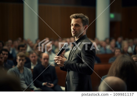 AI-generated content. Man speaker performing on stage AI-generated content. Man speaker performing on stage 109981137