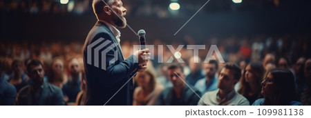 AI-generated content. Man speaker performing on stage 109981138