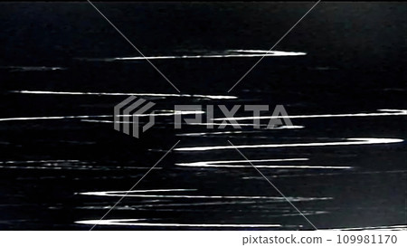 Glitch overlay. Noise texture. Analog distortion. White static old TV grain lines artifacts on dark black abstract free space illustration background. 109981170
