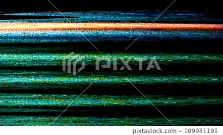 Glitch background. Color distortion. Analog defect. Green orange blue static grain noise lines texture on dark black abstract free space illustration. 109981191