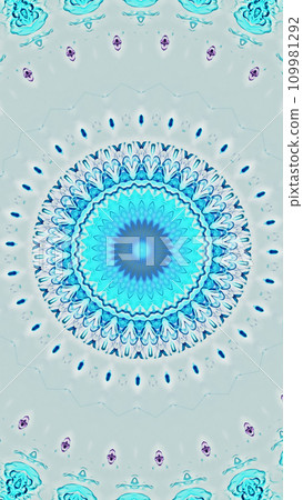 Kaleidoscope graphic abstract background. Cyan blue color circle contour symmetrical decorative ornament on light copy space art illustration. 109981292